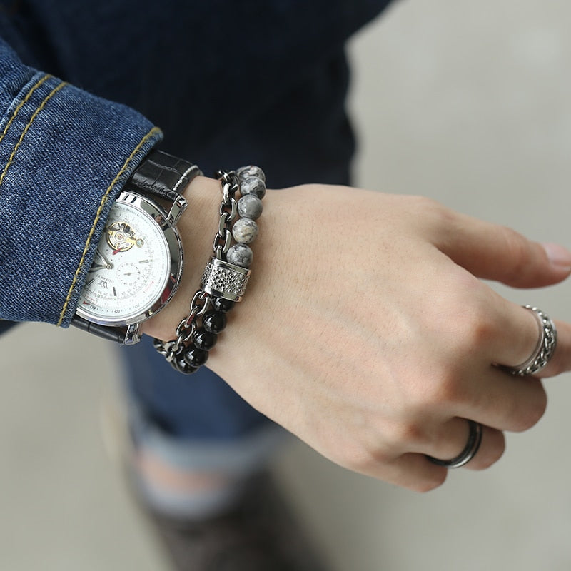 Trendsmax Natural Map Stone Men's Beaded Bracelet for women Stainless Steel Bracelets Male Jewelry Tiger eye 8 9 10 inch DB33
