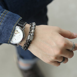 Trendsmax Natural Map Stone Men's Beaded Bracelet for women Stainless Steel Bracelets Male Jewelry Tiger eye 8 9 10 inch DB33